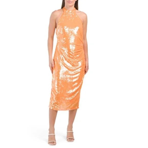 NWT Caroline Constas Orange Sequin Halter Midi Dress - Picture 3 of 9